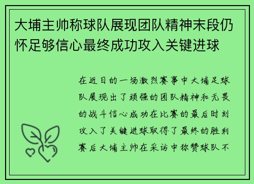 大埔主帅称球队展现团队精神末段仍怀足够信心最终成功攻入关键进球
